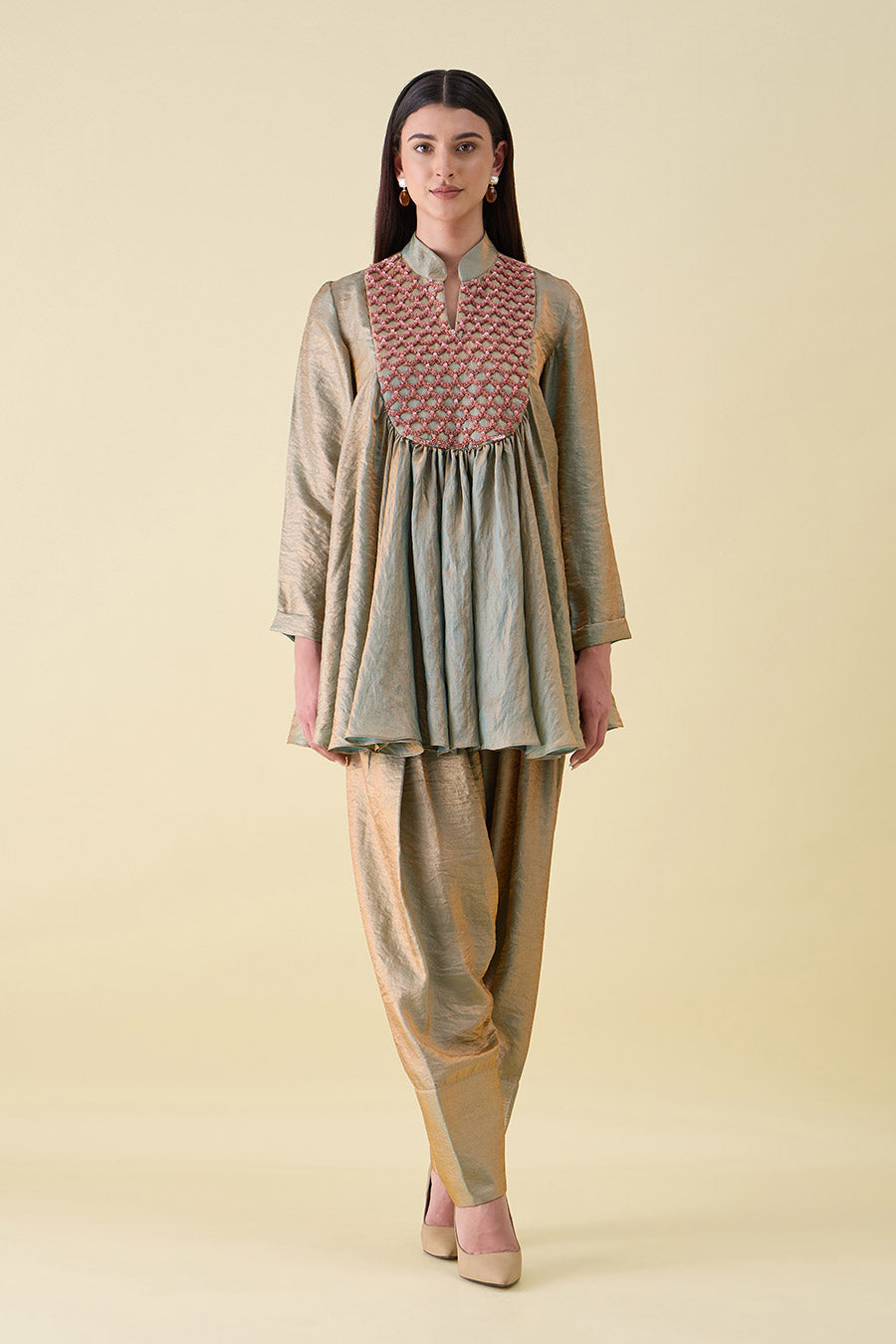 Fawn Dual Silk Embellished Peplum Co-Ord Set