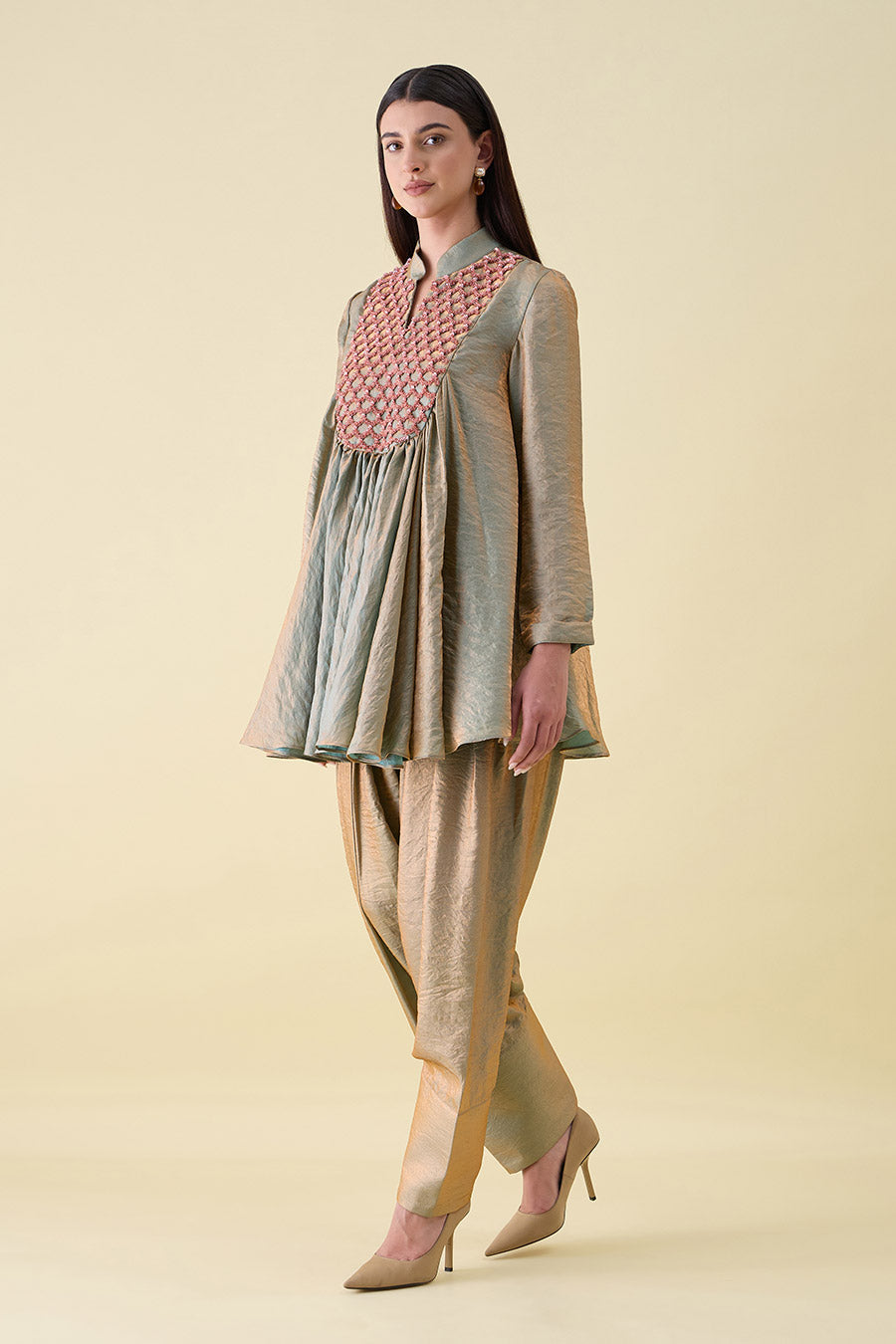 Fawn Dual Silk Embellished Peplum Co-Ord Set