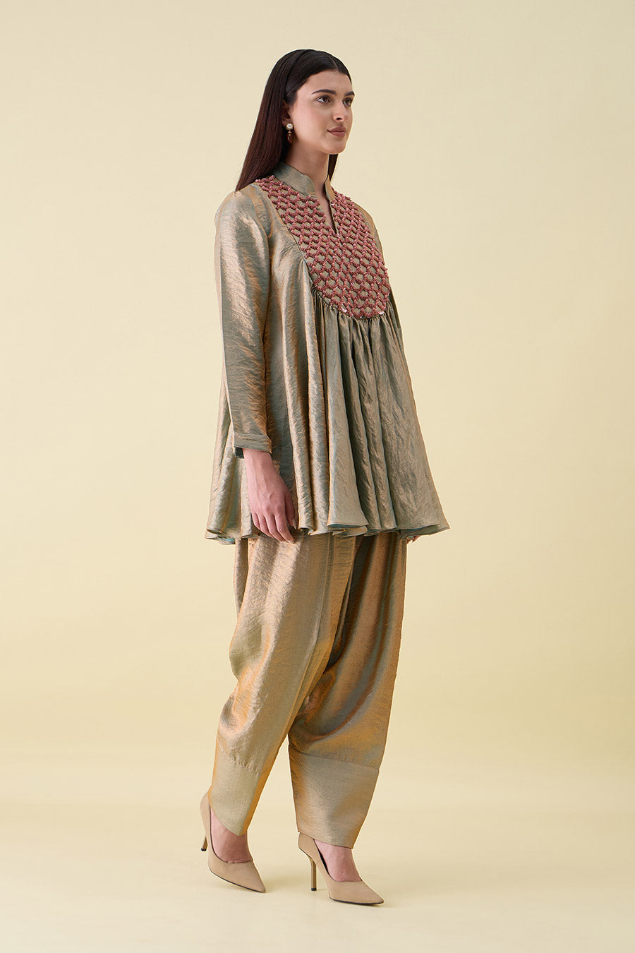Fawn Dual Silk Embellished Peplum Co-Ord Set