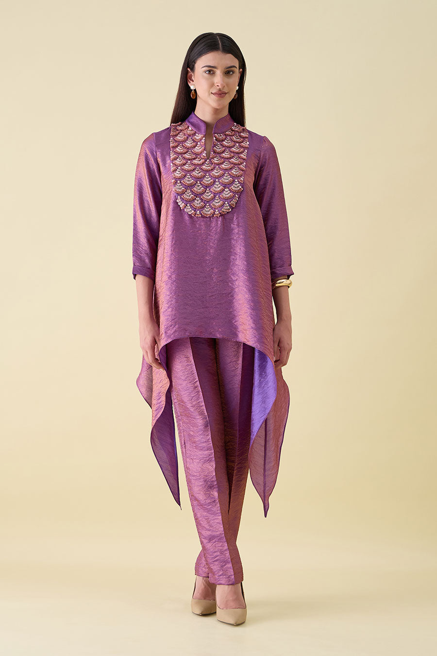 Purple Dual Silk Embellished Tunic Co-Ord Set