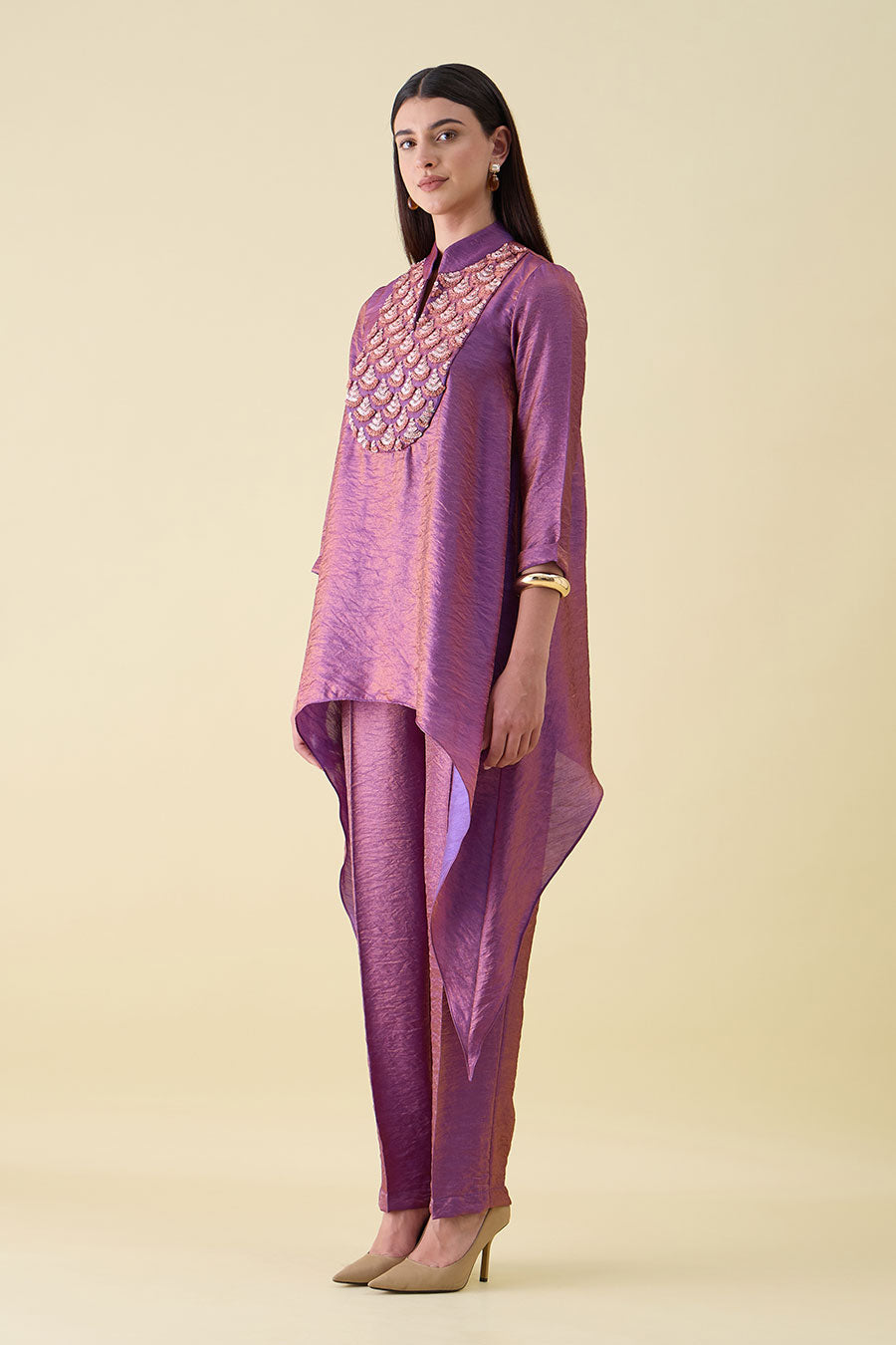 Purple Dual Silk Embellished Tunic Co-Ord Set