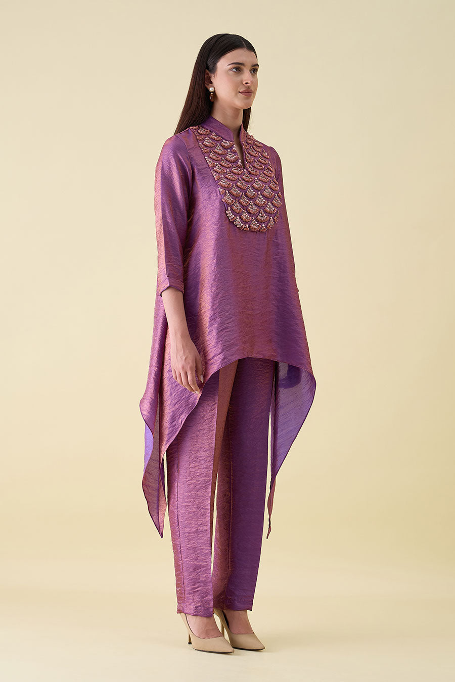 Purple Dual Silk Embellished Tunic Co-Ord Set