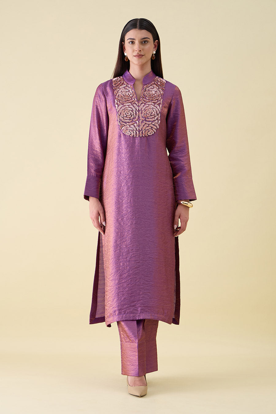 Purple Dual Silk Embellished Tunic Co-Ord Set