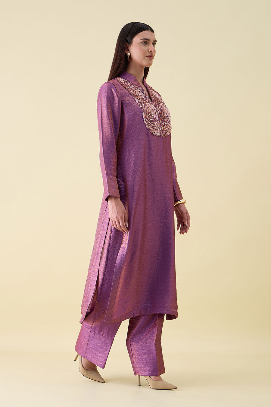 Purple Dual Silk Embellished Tunic Co-Ord Set