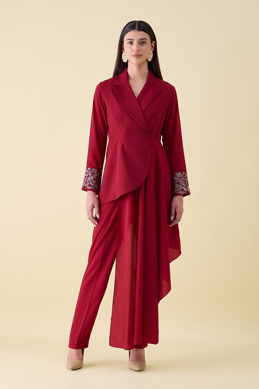 Red Metallic Embellished Drape Blazer Co-Ord Set