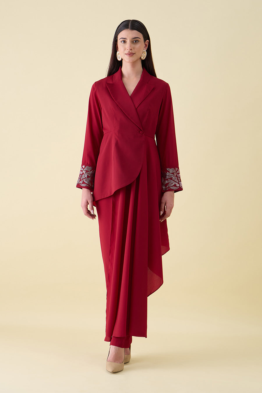 Red Metallic Embellished Drape Blazer Co-Ord Set