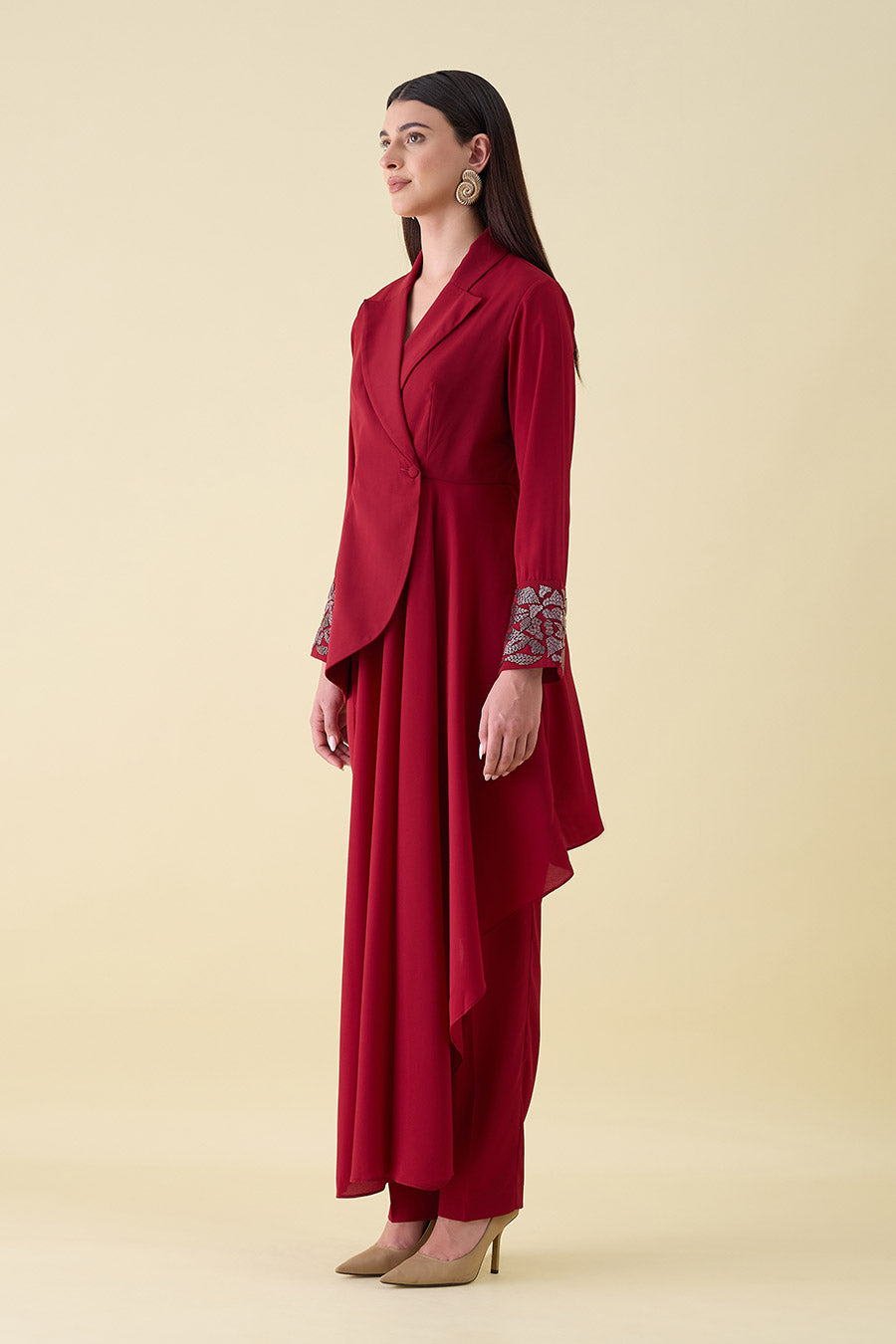 Red Metallic Embellished Drape Blazer Co-Ord Set