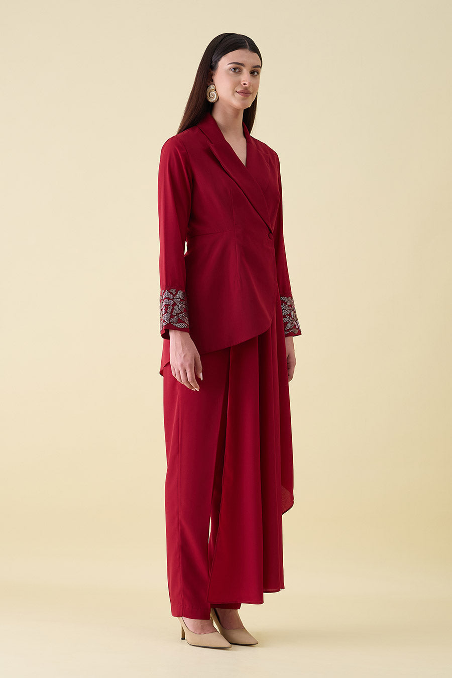 Red Metallic Embellished Drape Blazer Co-Ord Set