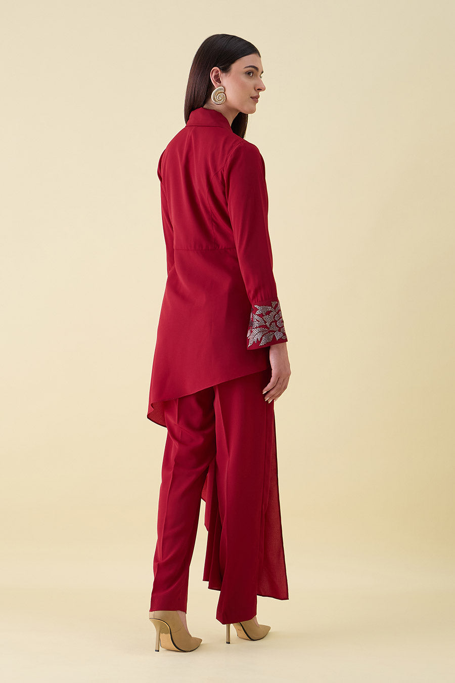 Red Metallic Embellished Drape Blazer Co-Ord Set