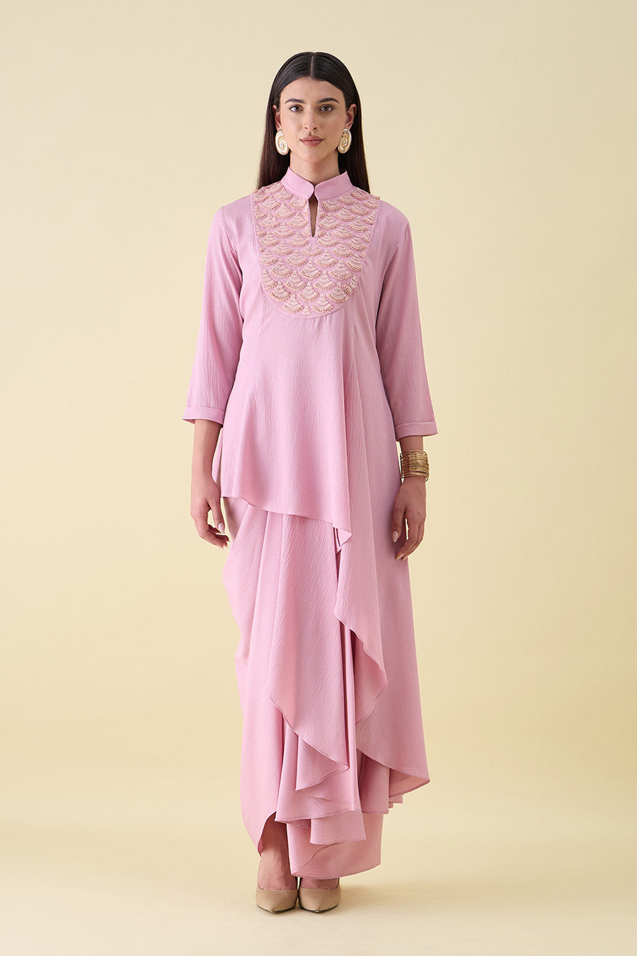 Pink Embellished Draped Tunic & Skirt Co-Ord Set