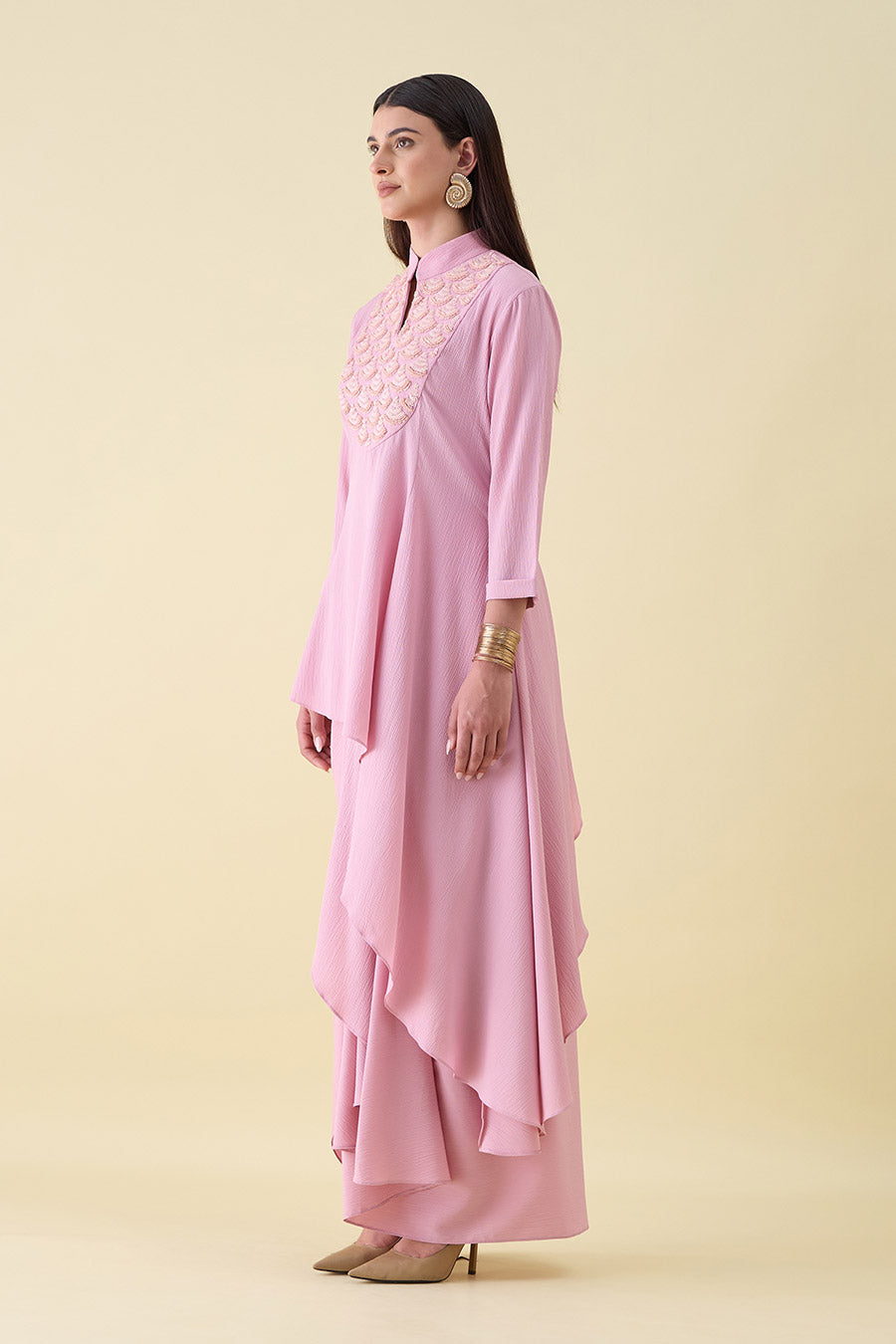 Pink Embellished Draped Tunic & Skirt Co-Ord Set