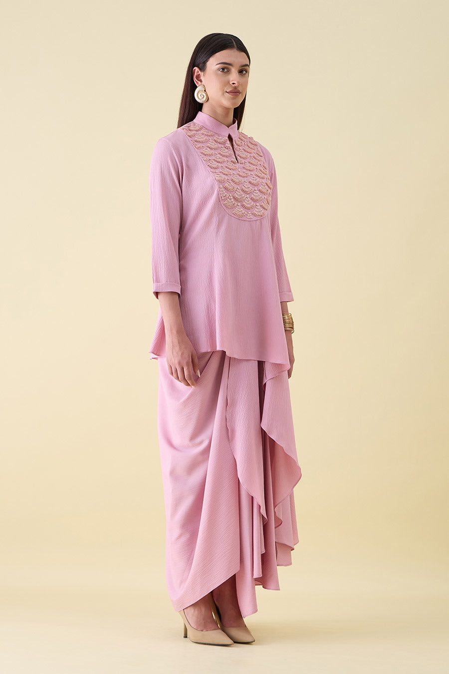 Pink Embellished Draped Tunic & Skirt Co-Ord Set