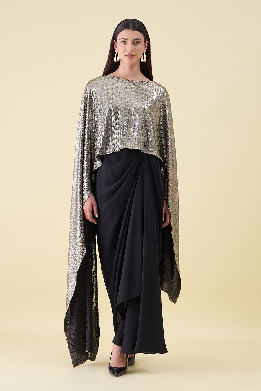 Black Gold Metallic Lounge Drape Dress