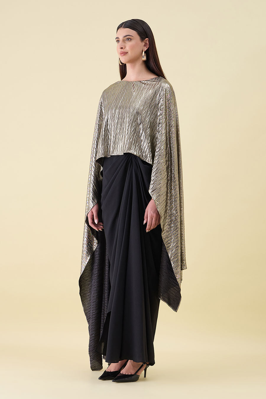 Black Gold Metallic Lounge Drape Dress