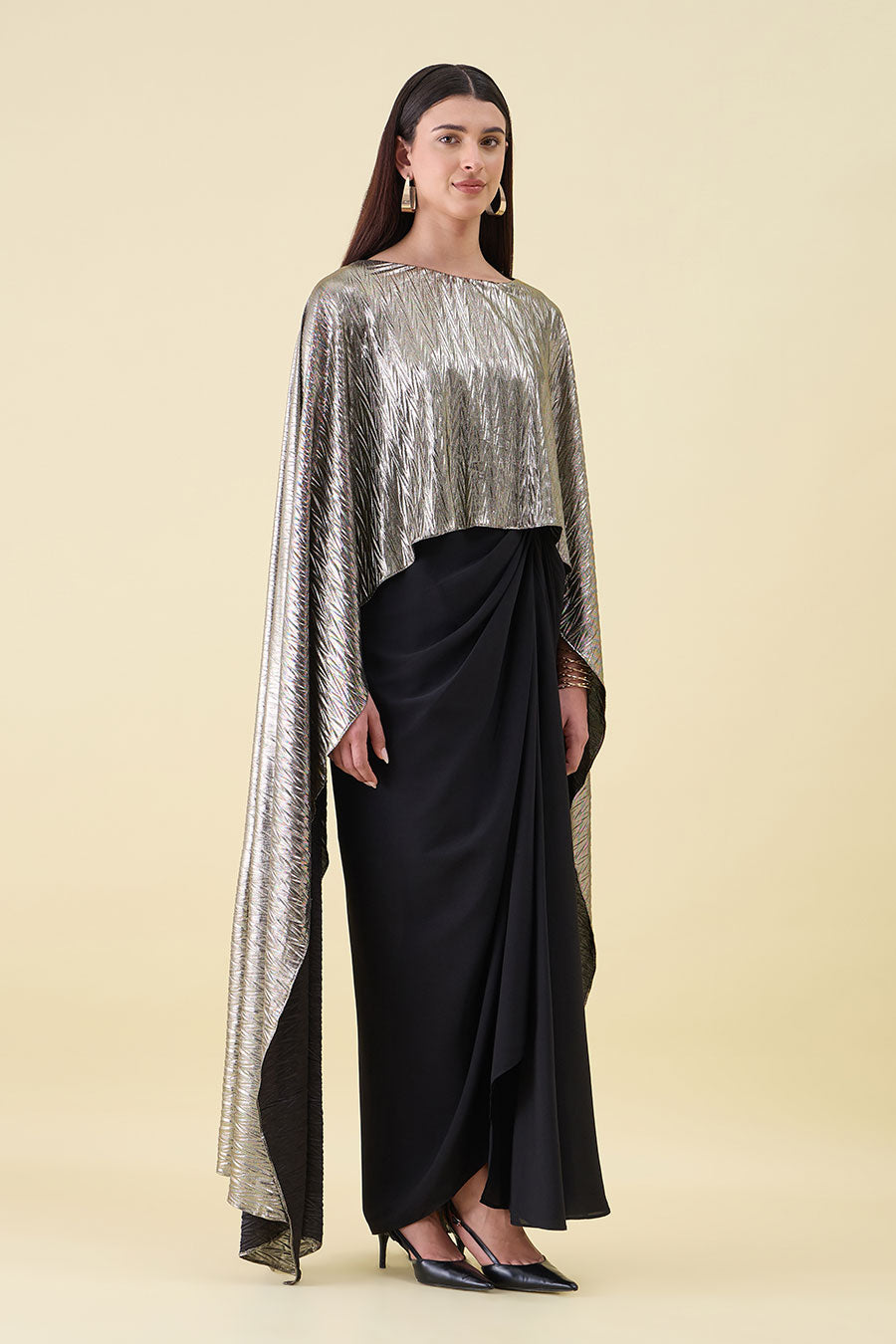 Black Gold Metallic Lounge Drape Dress