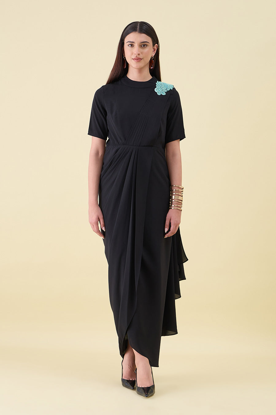 Black Embroidered Pre-Draped Saree Dress