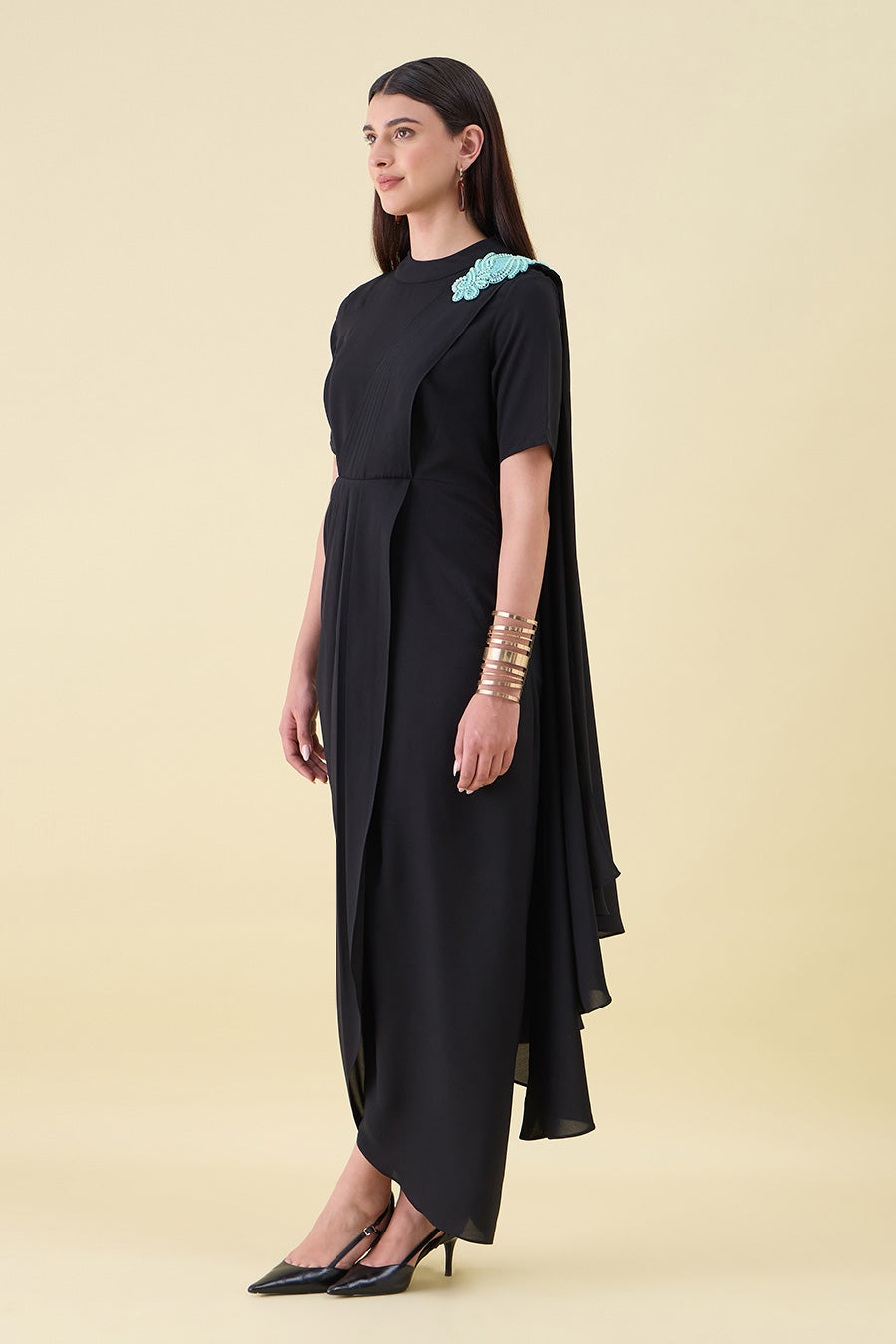 Black Embroidered Pre-Draped Saree Dress