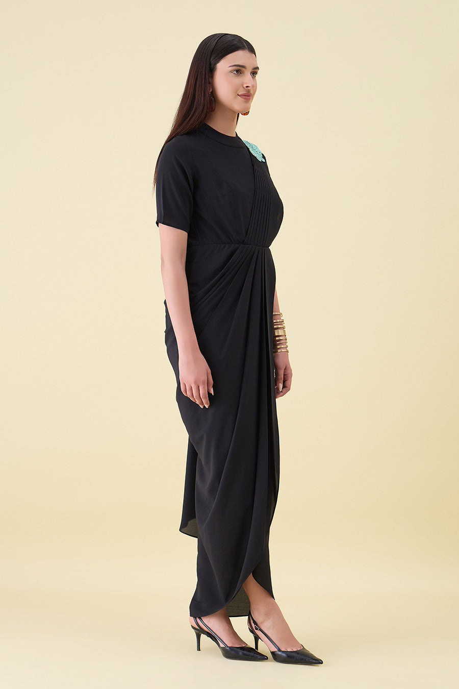 Black Embroidered Pre-Draped Saree Dress