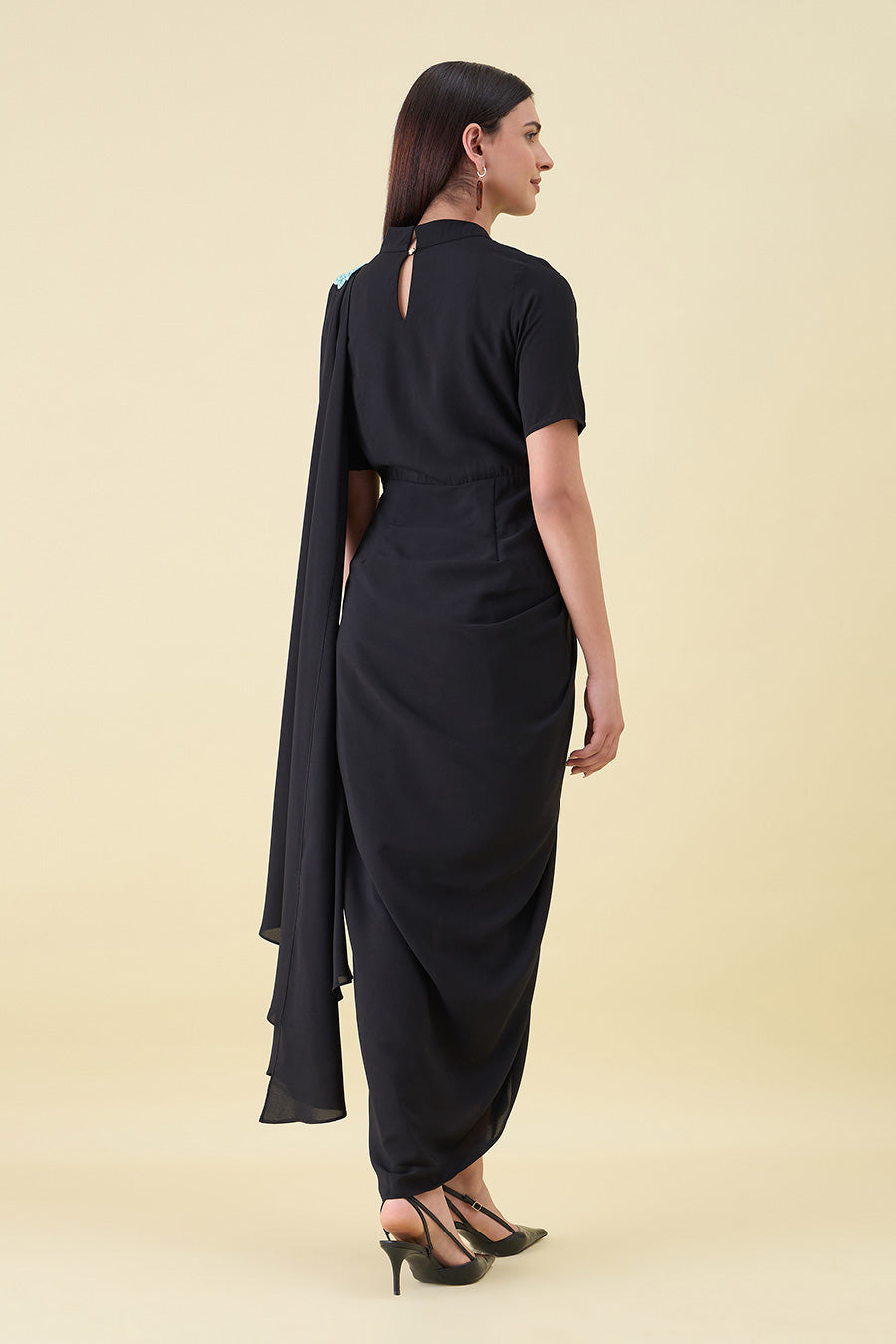 Black Embroidered Pre-Draped Saree Dress