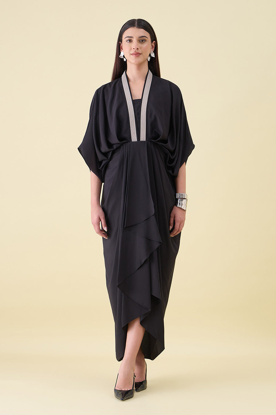 Black Noir Metallic Embellished Draped Dress