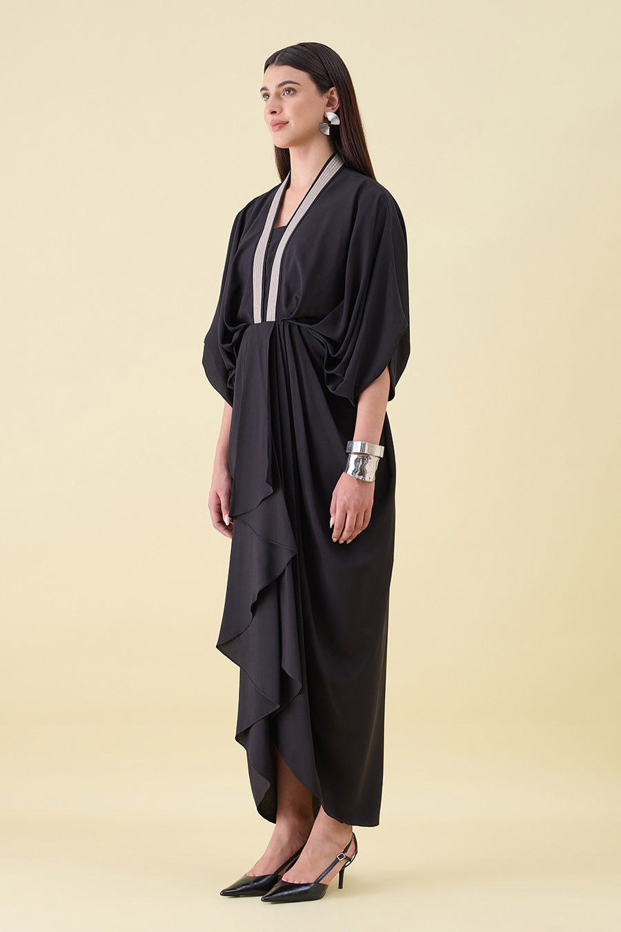 Black Noir Metallic Embellished Draped Dress