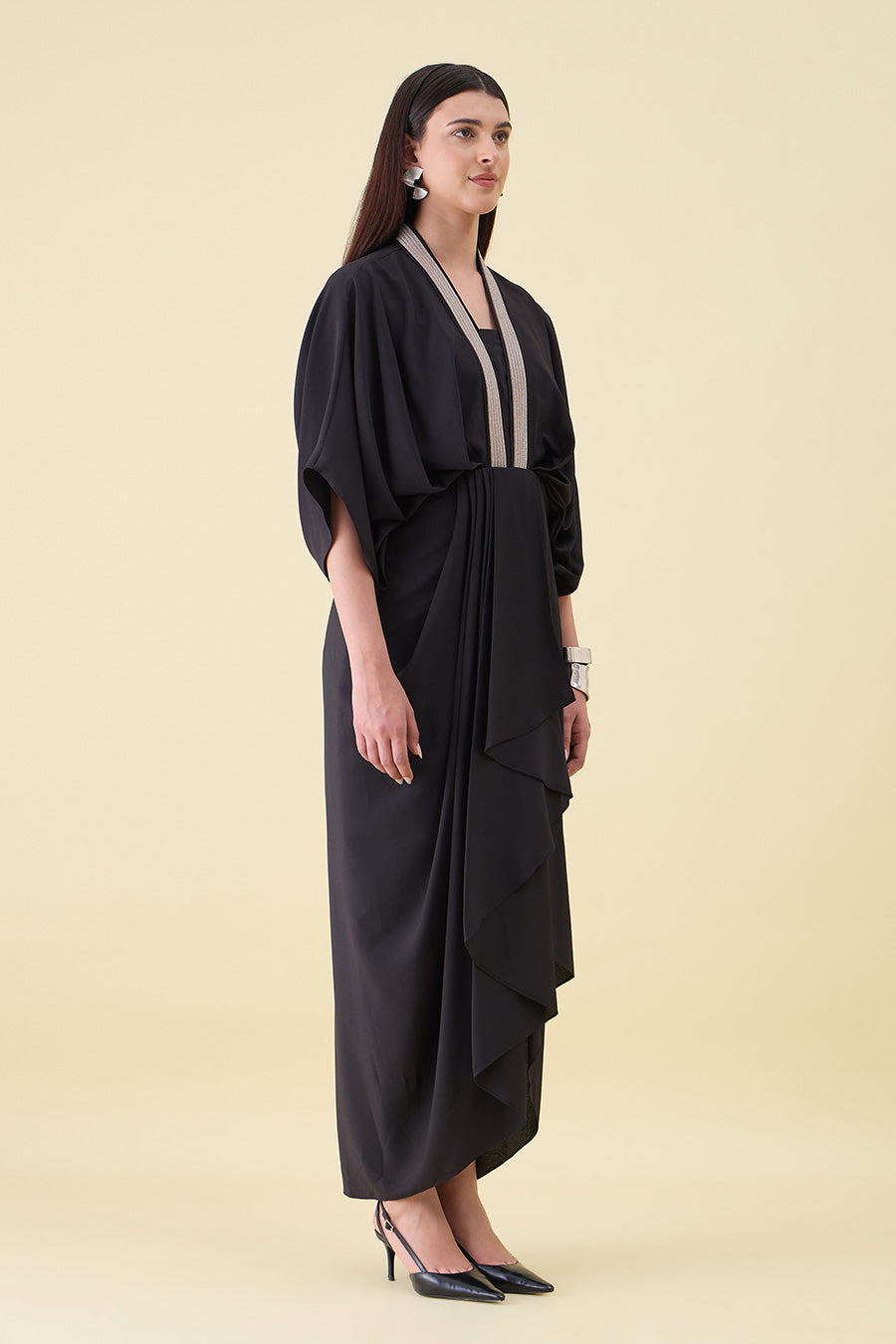 Black Noir Metallic Embellished Draped Dress