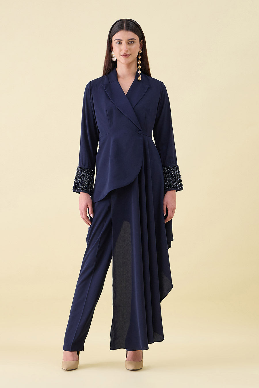 Navy Blue Metallic Embellished Blazer Co-Ord Set