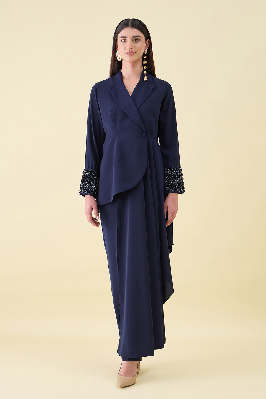 Navy Blue Metallic Embellished Blazer Co-Ord Set