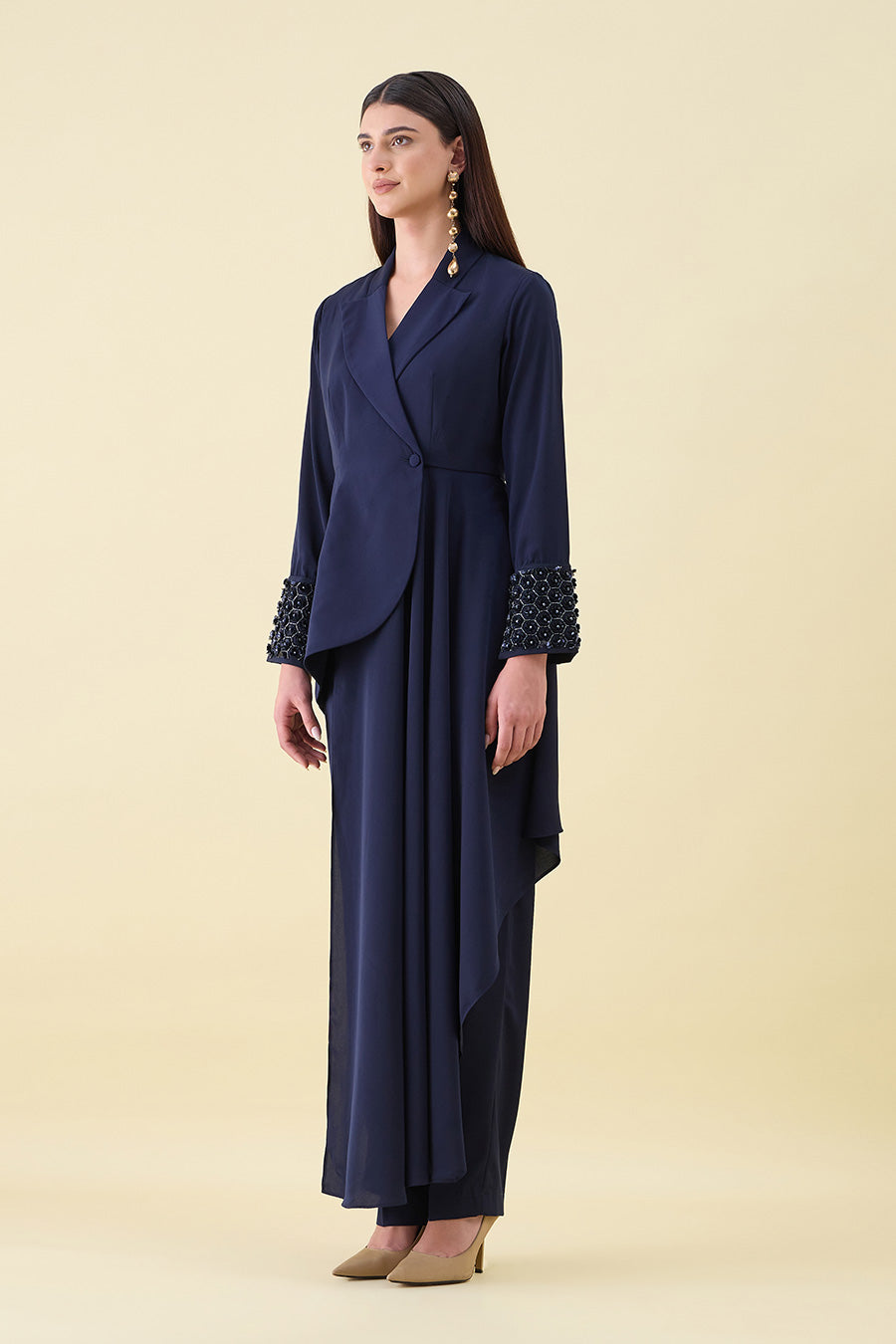 Navy Blue Metallic Embellished Blazer Co-Ord Set