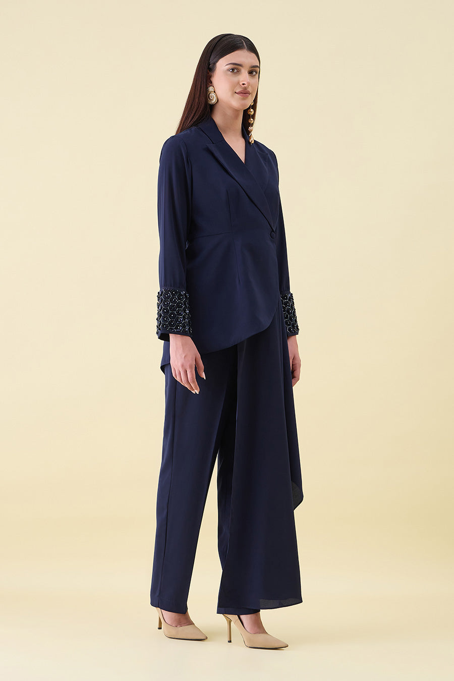 Navy Blue Metallic Embellished Blazer Co-Ord Set