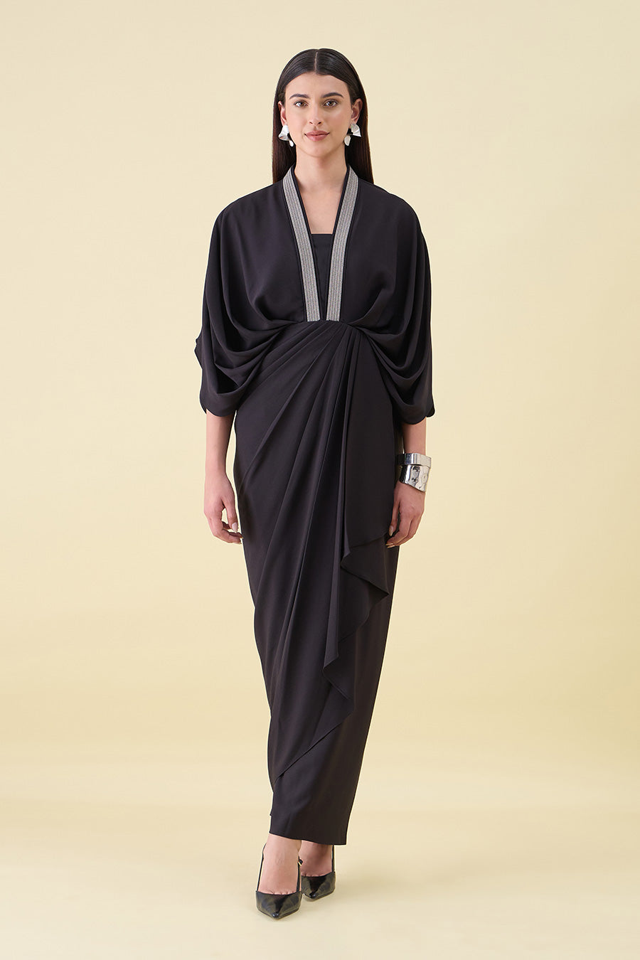 Black Noir Leo Embellished Draped Dress