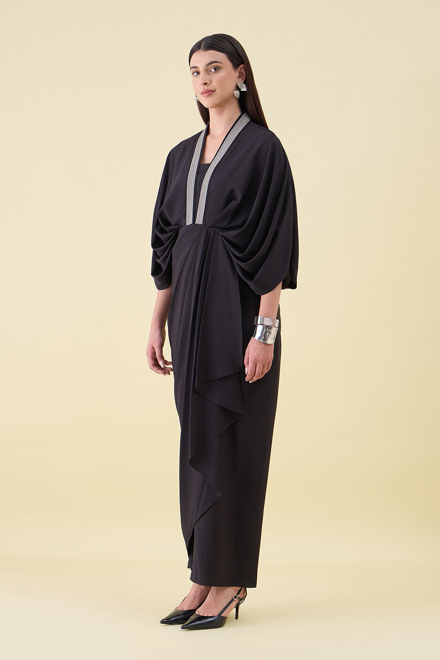 Black Noir Leo Embellished Draped Dress