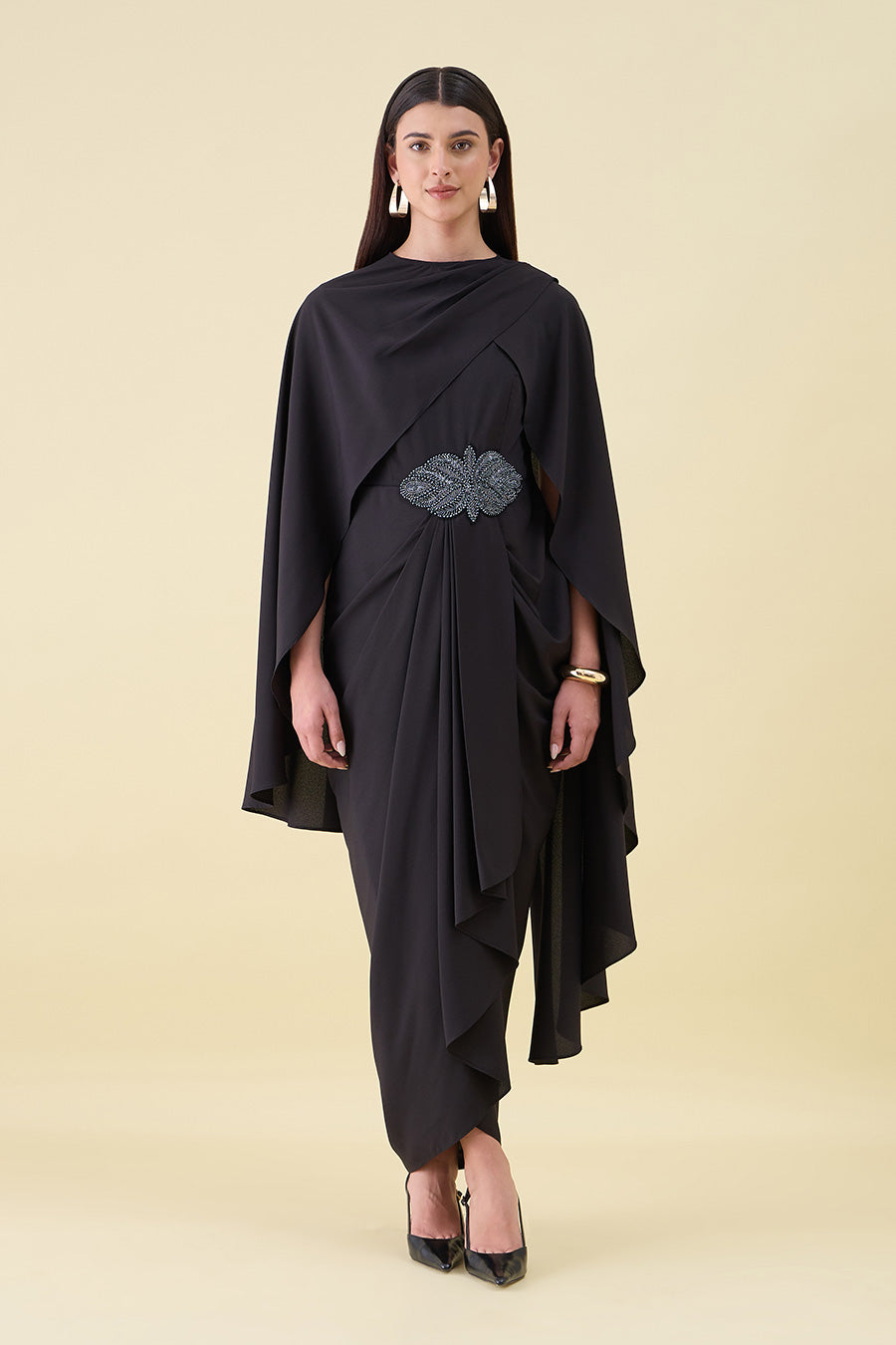 Black Noir Embellished Draped Dress With Cape