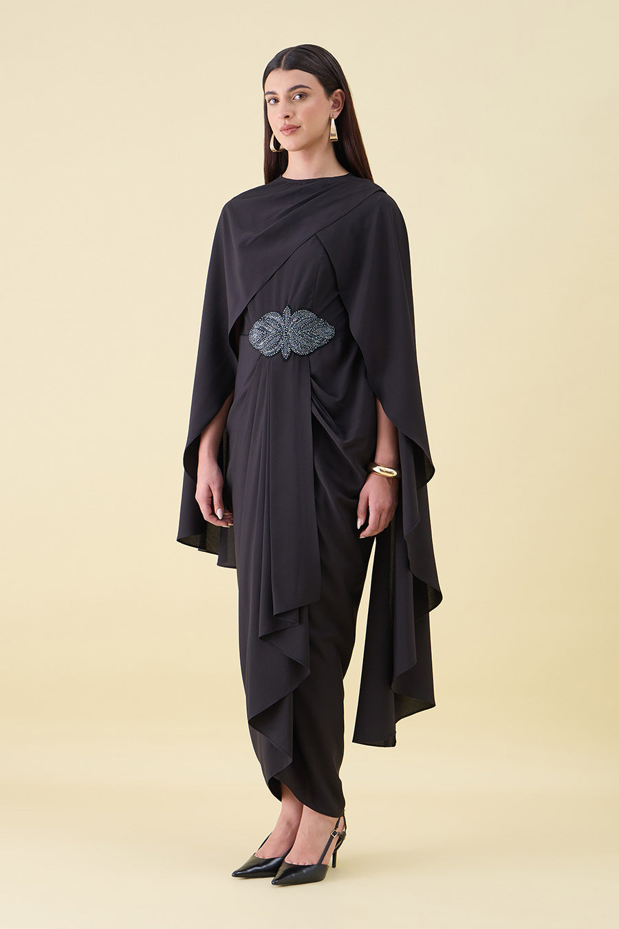 Black Noir Embellished Draped Dress With Cape