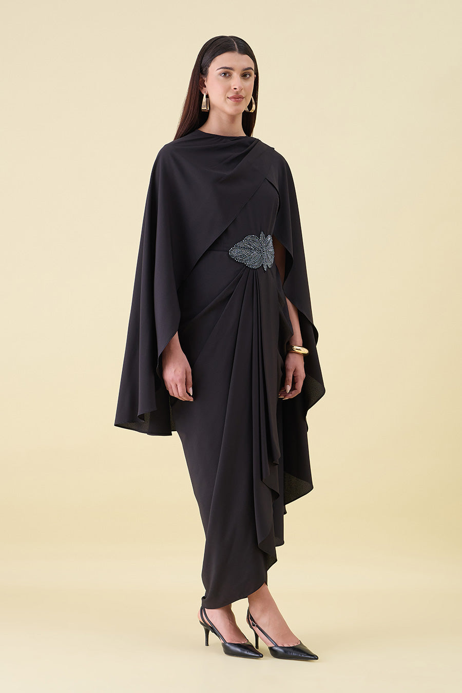 Black Noir Embellished Draped Dress With Cape