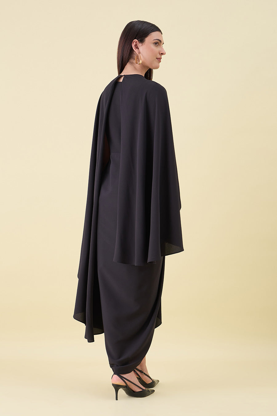 Black Noir Embellished Draped Dress With Cape