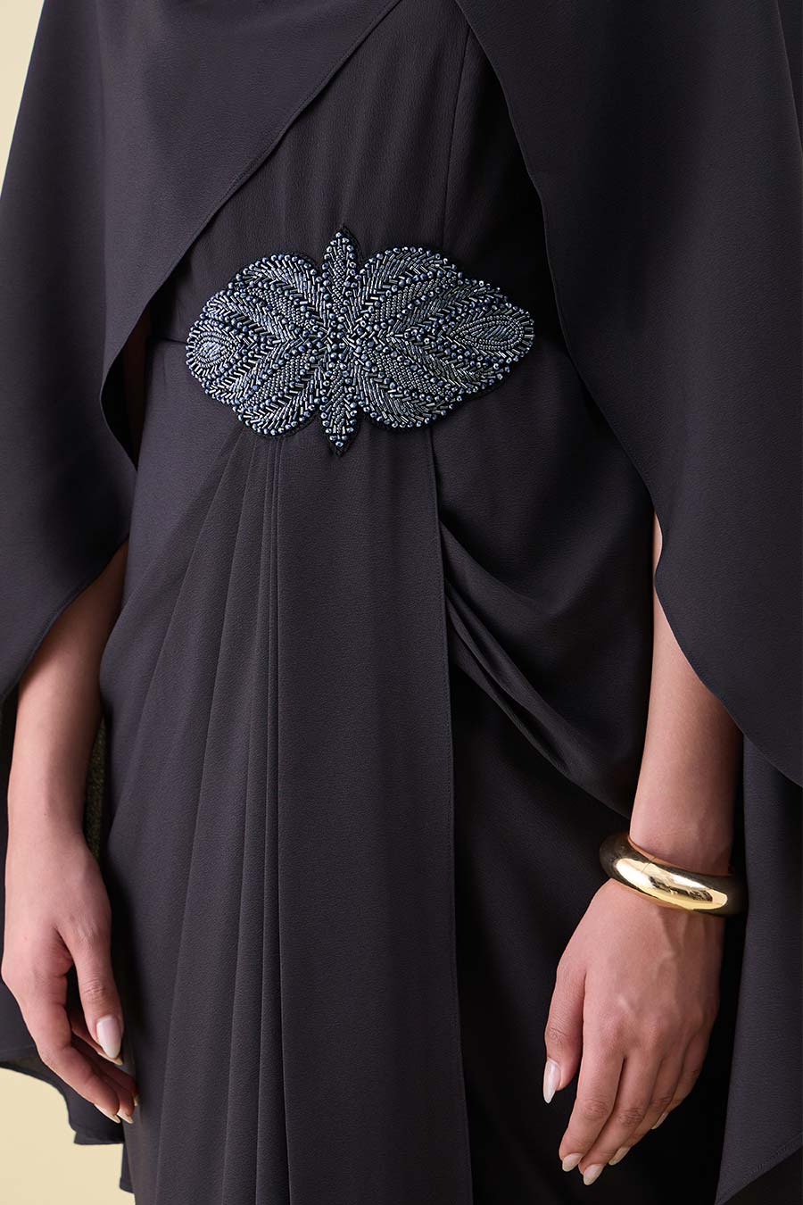 Black Noir Embellished Draped Dress With Cape