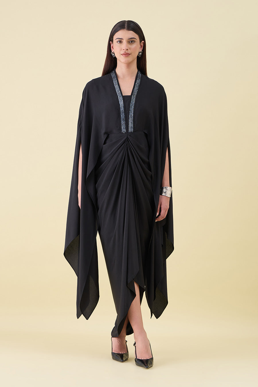 Black Noir Metal Embellished Draped Dress