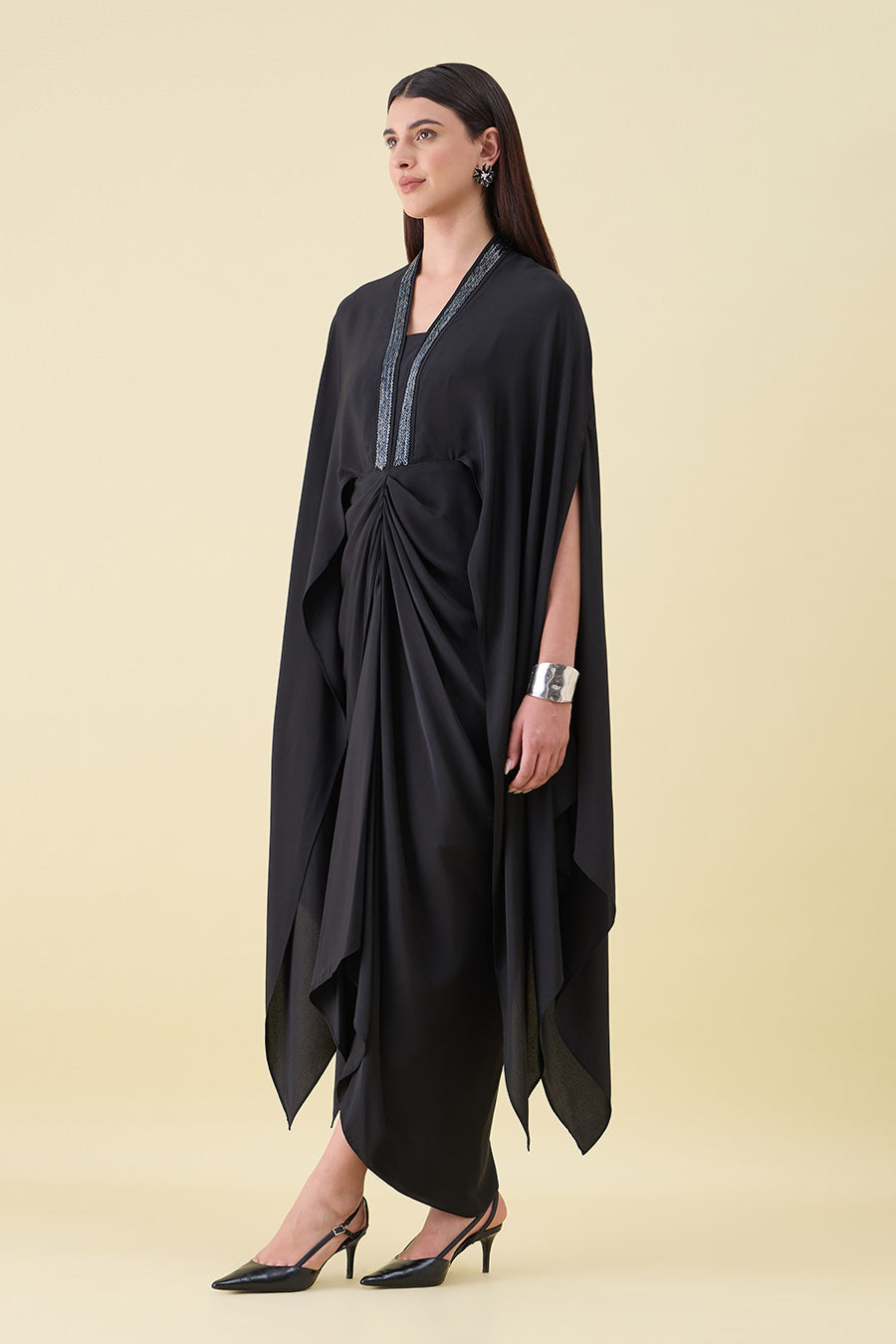 Black Noir Metal Embellished Draped Dress