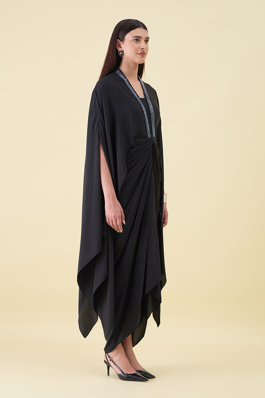 Black Noir Metal Embellished Draped Dress