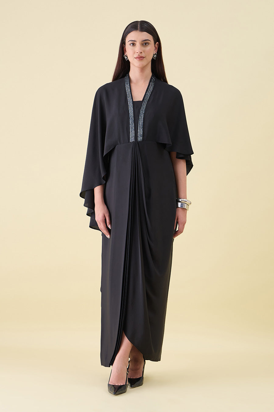 Black Noir Metal Embellished Cape Draped Dress