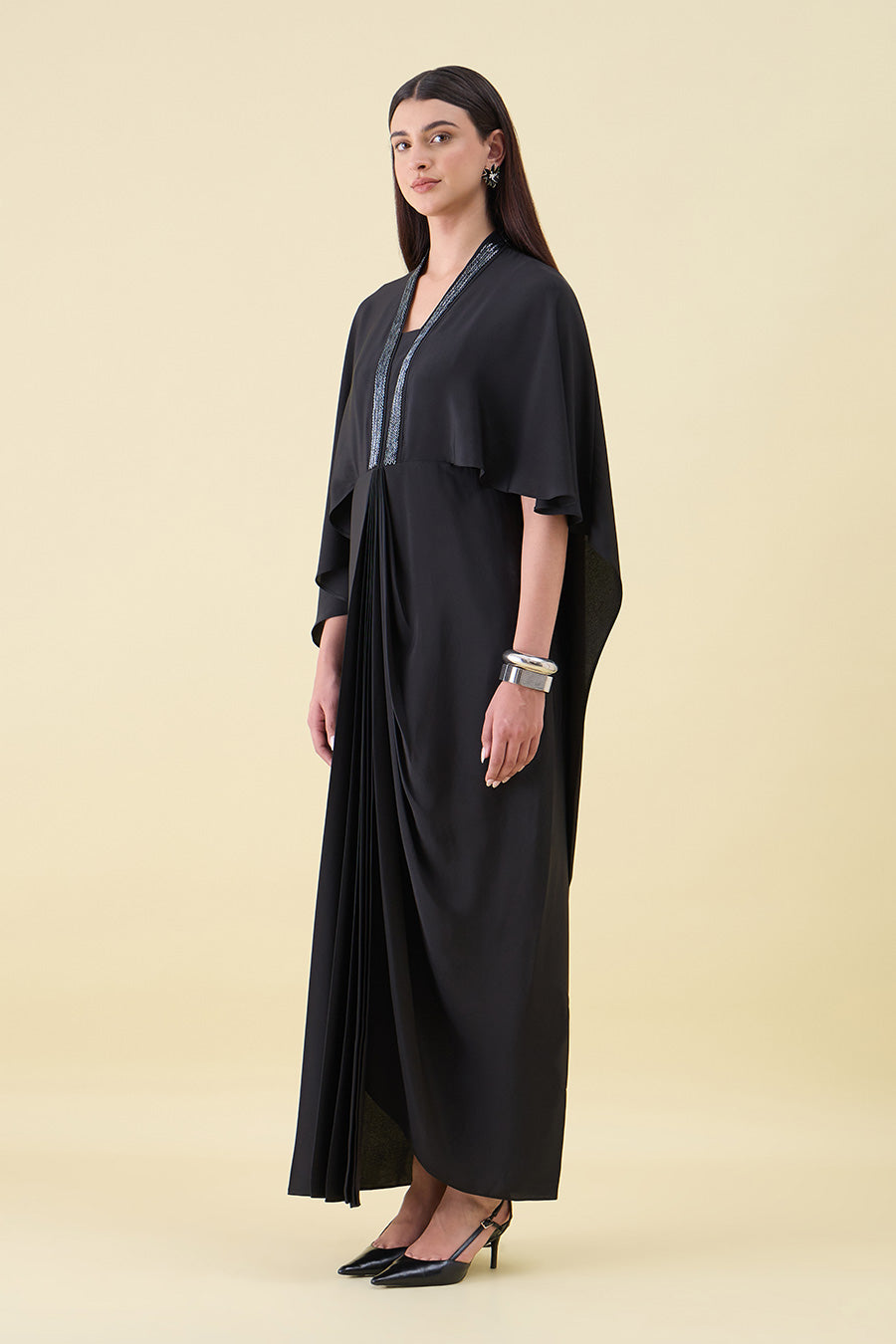 Black Noir Metal Embellished Cape Draped Dress