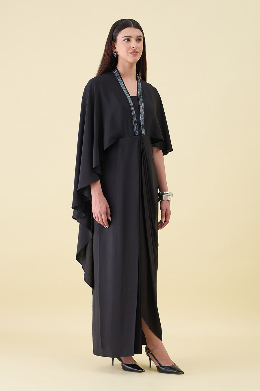 Black Noir Metal Embellished Cape Draped Dress