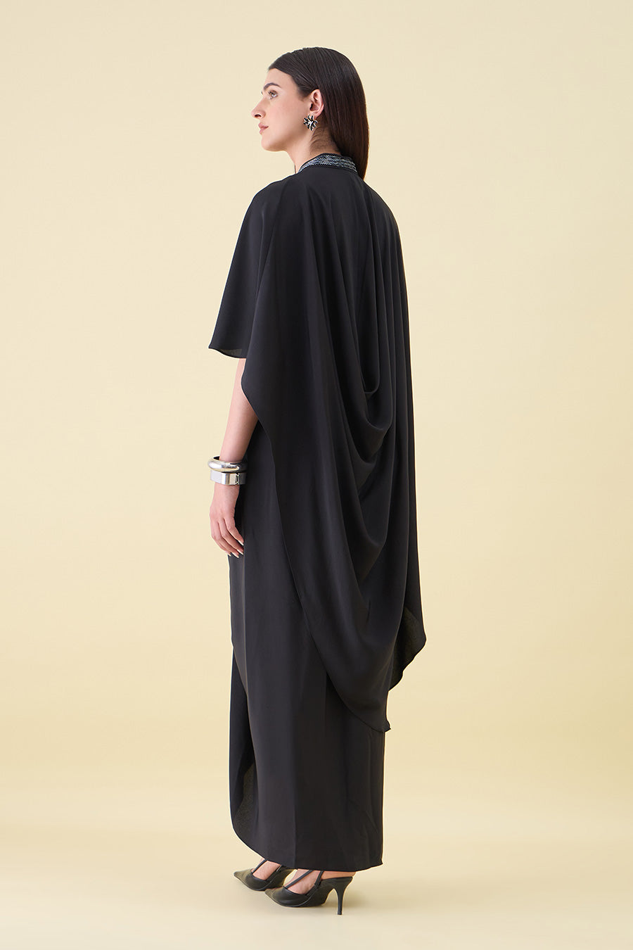 Black Noir Metal Embellished Cape Draped Dress