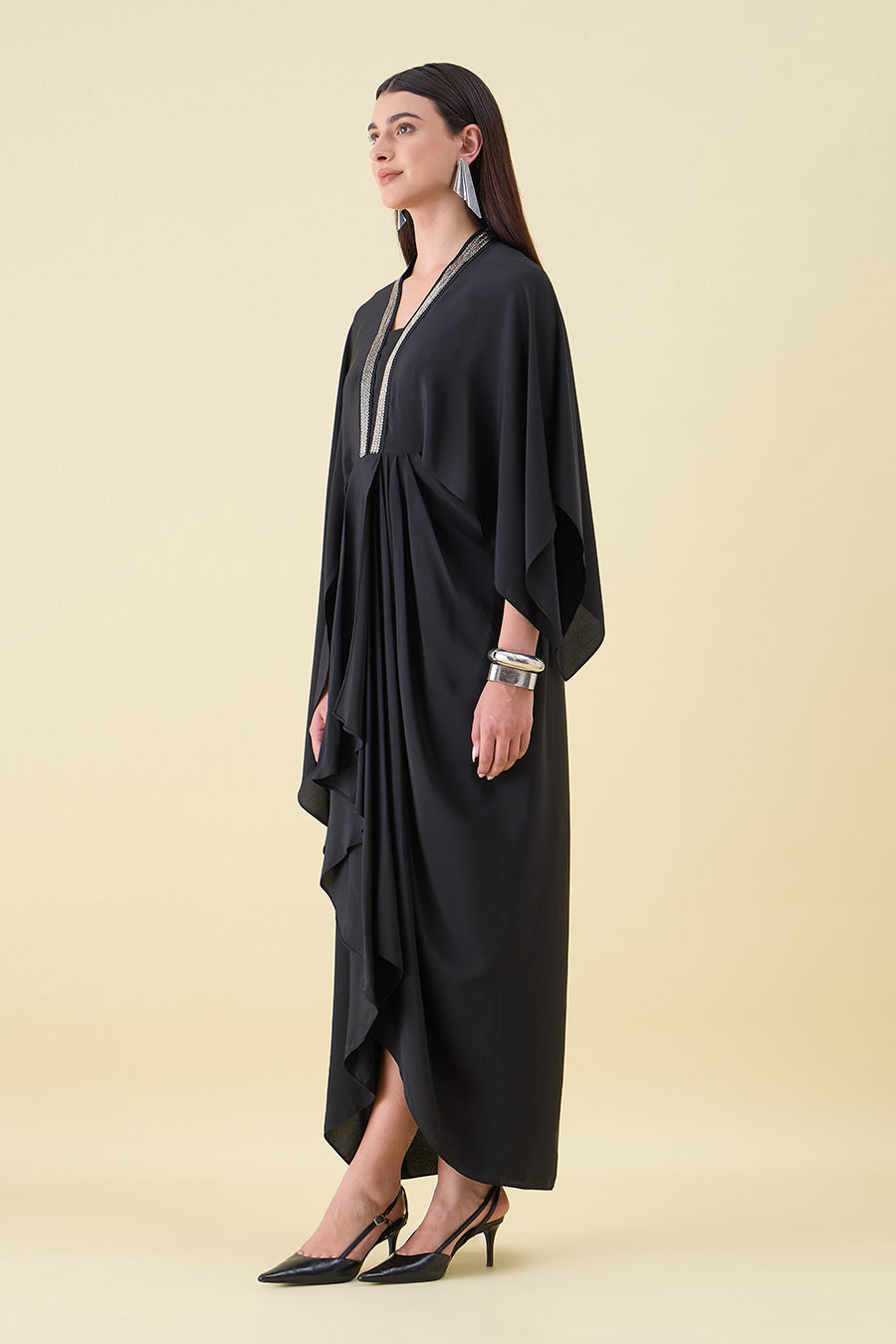 Black Noir Metal Embellished Draped Dress