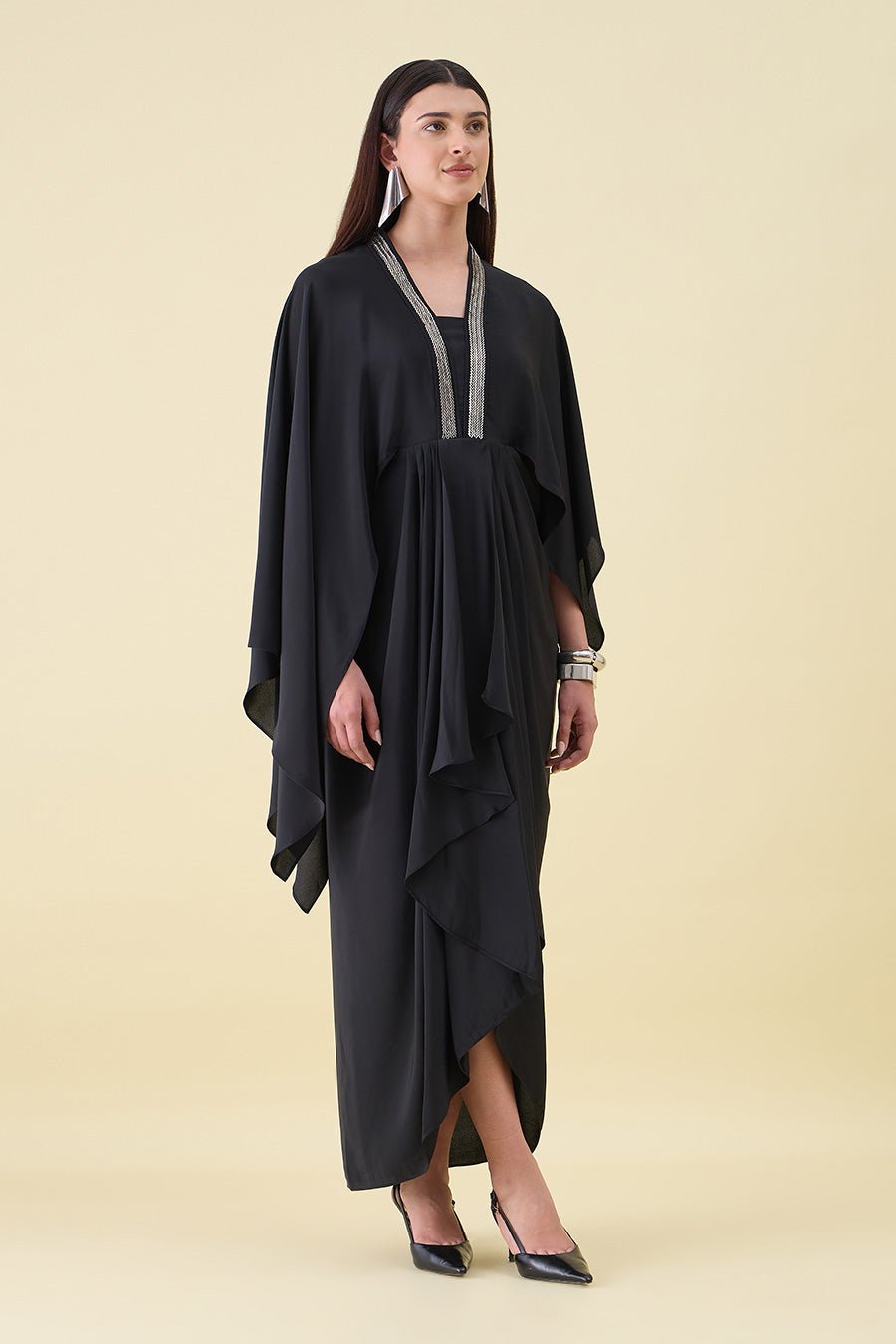 Black Noir Metal Embellished Draped Dress