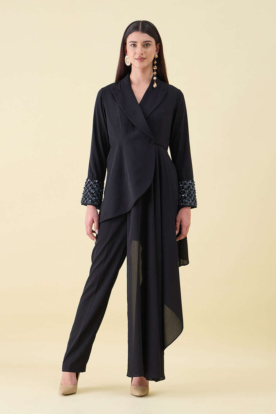Black Metal Embellished Draped Blazer Co-Ord Set