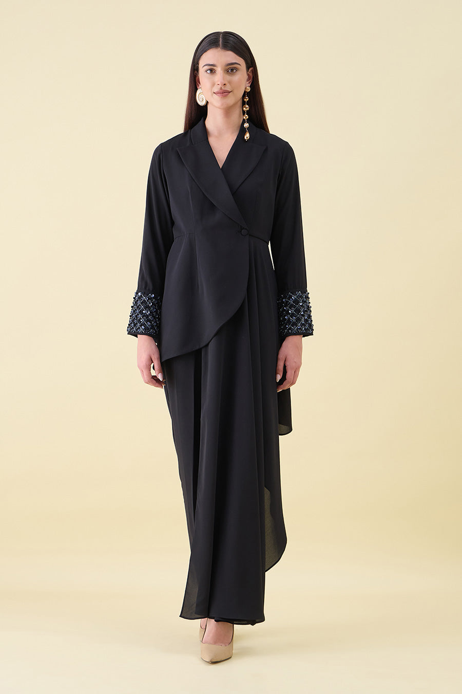 Black Metal Embellished Draped Blazer Co-Ord Set