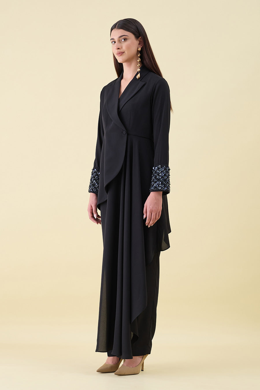 Black Metal Embellished Draped Blazer Co-Ord Set
