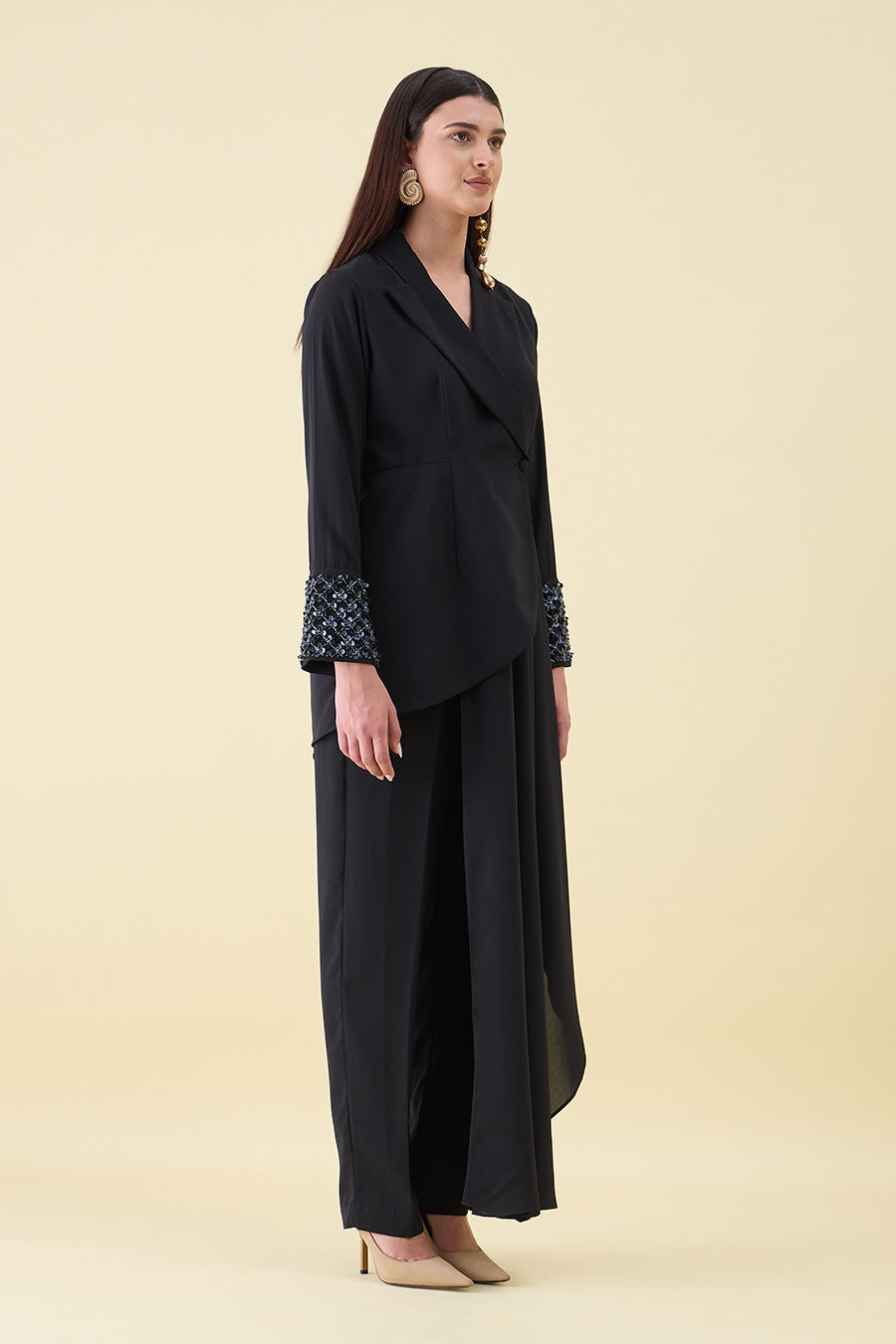 Black Metal Embellished Draped Blazer Co-Ord Set